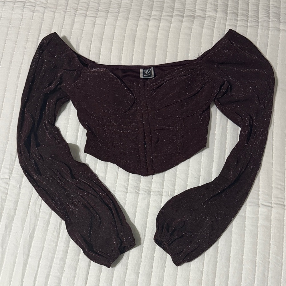 Windsor Shimmering Off-Shoulder Top in Deep Brown